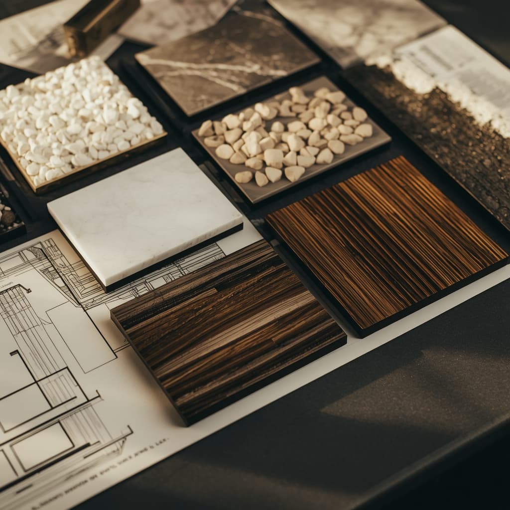Luxury renovation materials — marble, wood, architectural finishes